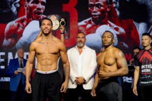 Lenar Perez Defends Continental Title Against Thabiso Mchunu Tonight lenar perez camille estephan thabiso mchunu weigh in 696x464 1