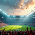 massive soccer stadium filled fans people celebrate goal victory confetti falling full cheering exciting outdoor sports 356381160