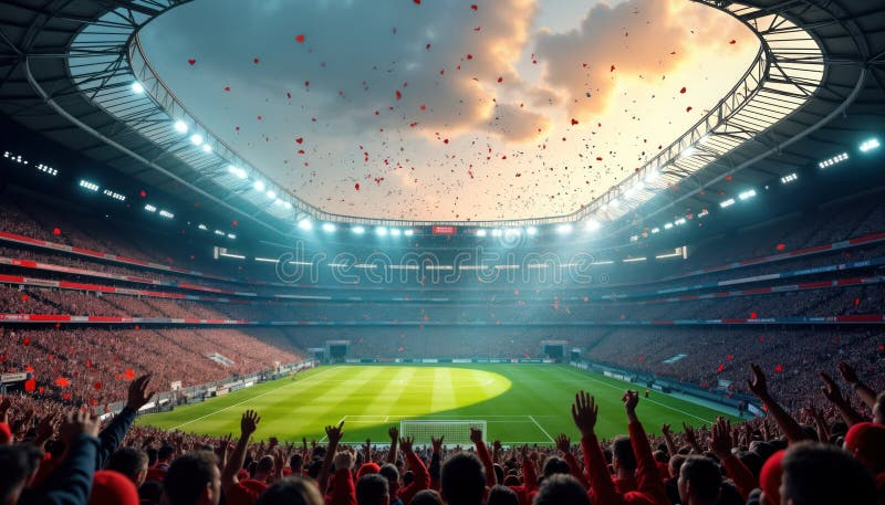 massive soccer stadium filled fans people celebrate goal victory confetti falling full cheering exciting outdoor sports 356381160