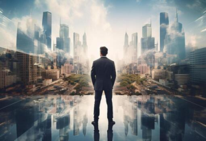 ai generative a double exposure of a businessman in the cityscape embodies success and future plans free photo