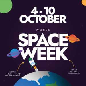 world space week 4 to 10 october space week celebration banner with earth globe spaceship launching from it planets stars icons the week celebrates mankind s victories milestones in outer space vector